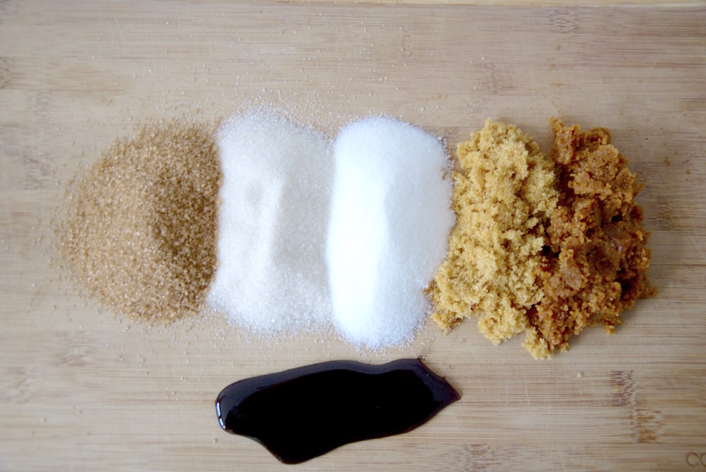 Sugar types: Raw sugar, partially refined, refined, light brown sugar, dark brown sugar.