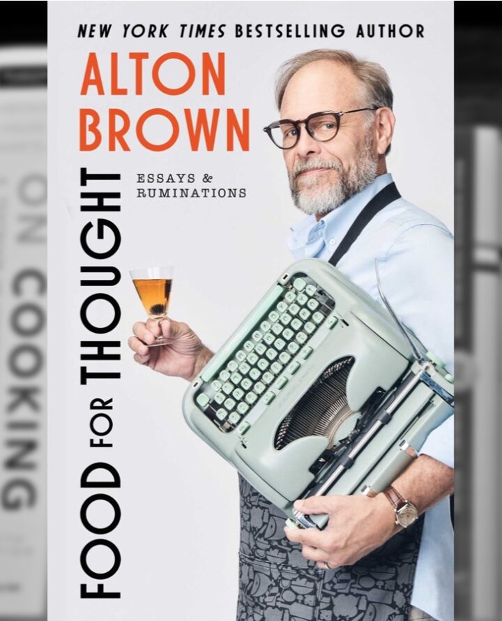 Food for Thought by Alton Brown book cover with a blurred bookshelf background