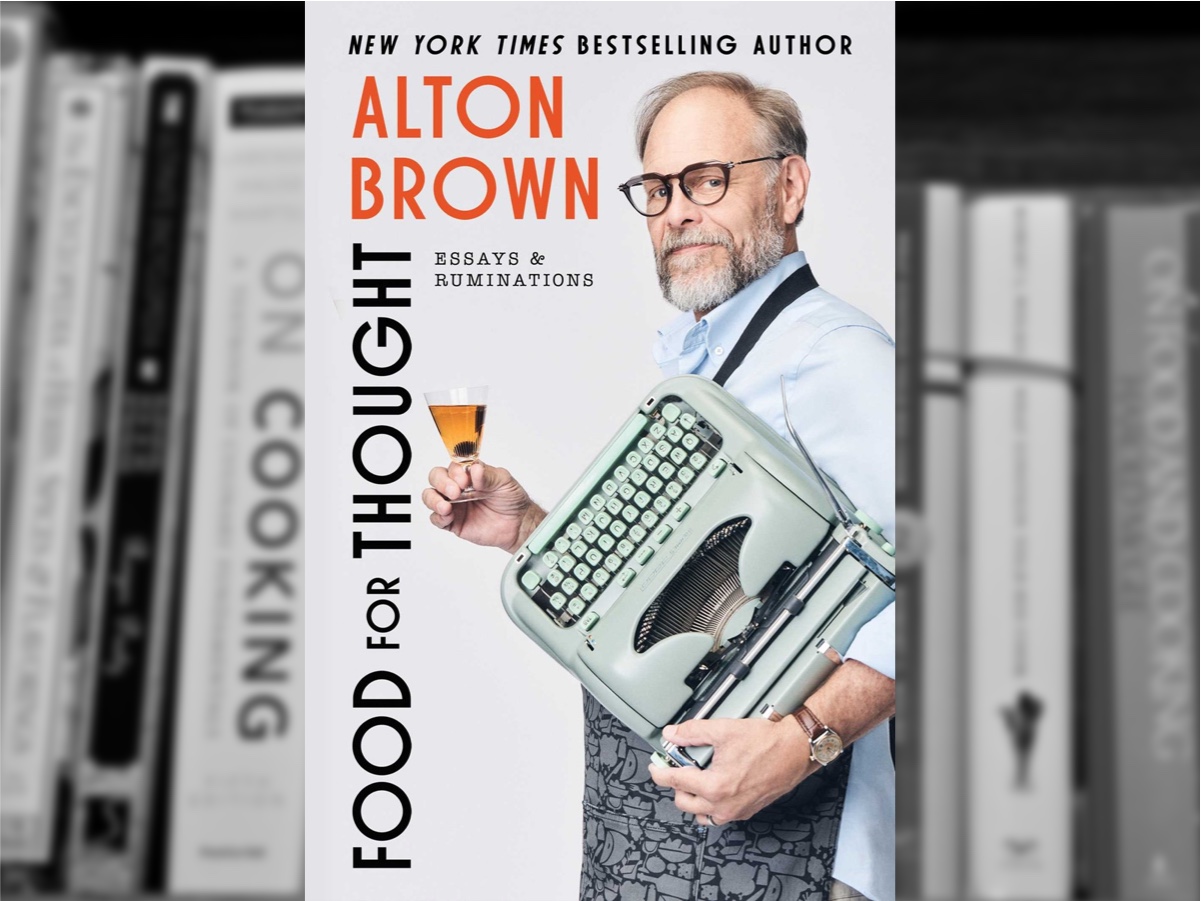 Food for Thought by Alton Brown book cover with a blurred bookshelf background