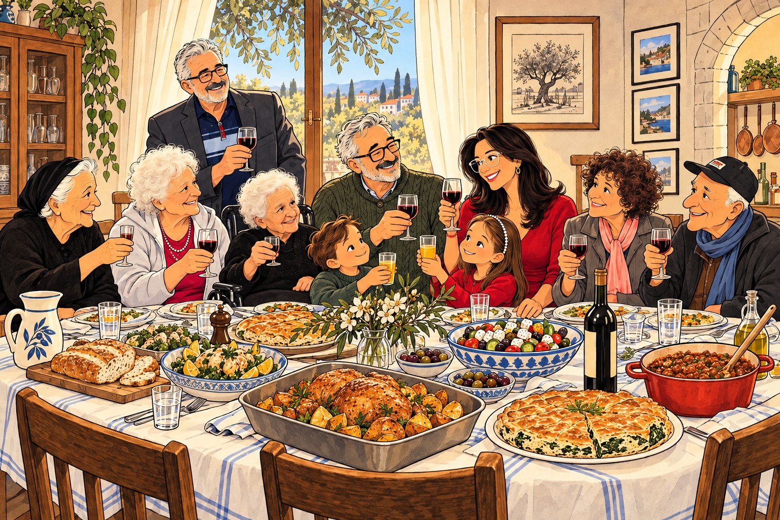 Family members gathered around a table celebrating food, family and love.