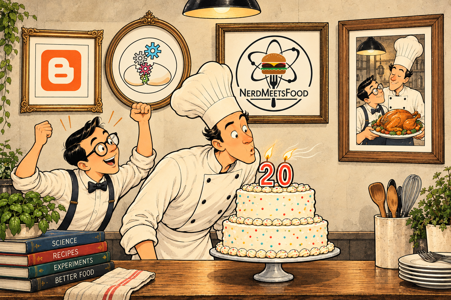 Illustrated chef blowing out the number 20 birthday candles on a cake, with his assistant cheering and NerdMeetsFood logos on the wall.